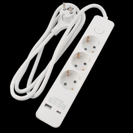 3 Stikdåse m/1,5m ledn. m/afbr + USB-A/USB-C hvid