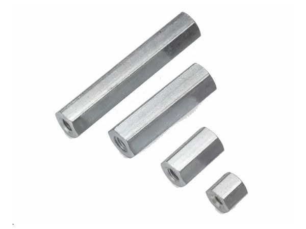 Afstandsmøtrik - 15mm messing, hun til hun, M4 gevind