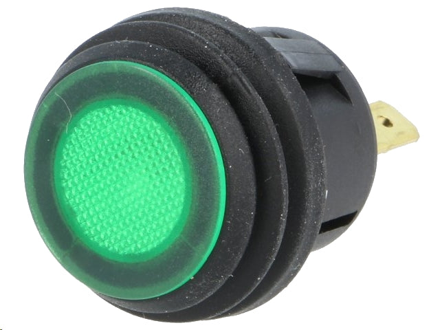 Trykkontakt - 1P OFF-ON, 6A/250V, Grøn lys, IP65 (Ø20,2mm)