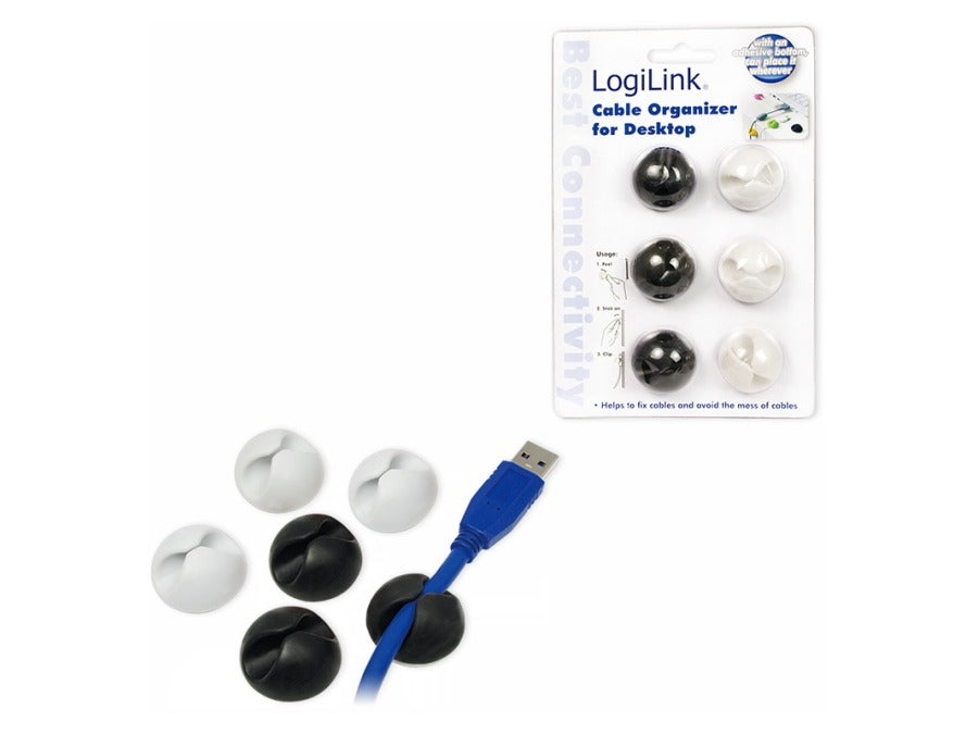 Selvklæbende gummi-kabelholdere - Hvid & Sort (6 stk.)