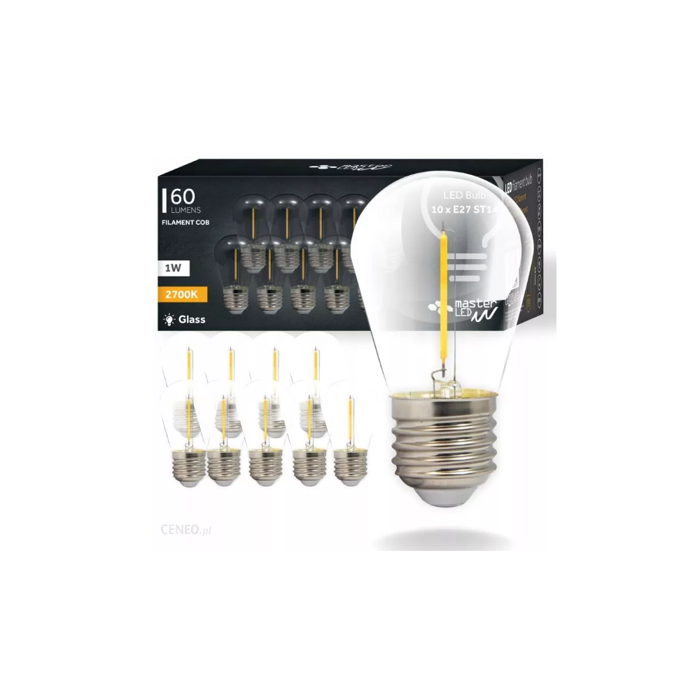 10 stk 2W LED pære - ST14, COB filament, klart glas, E27, 230V, 140lm, RA80