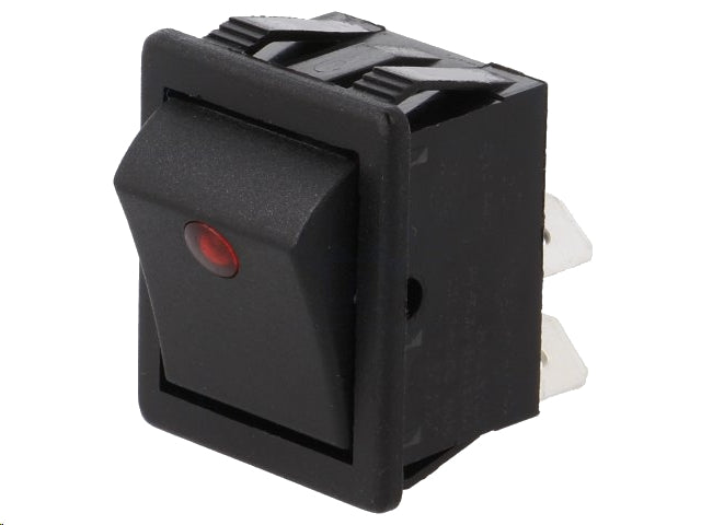 Vippekontakt - 250V/16A, OFF-ON, Sort m. rød lys prik (DPST)