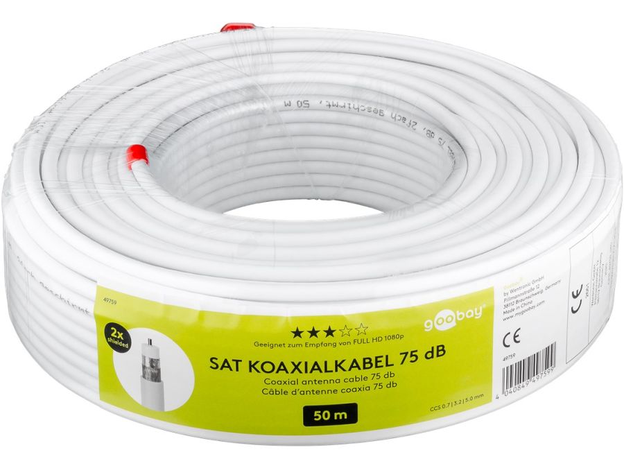 COAX antennekabel  75ohm, Ø5mm 2 skærme CCS, Hvid (50m)
