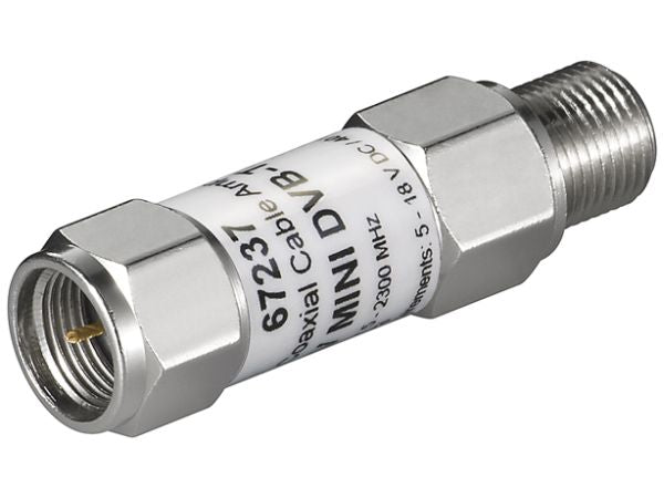 Mini coax forstærker 18dB (DVB-T/SAT) F han/hun (5-2300Mhz)