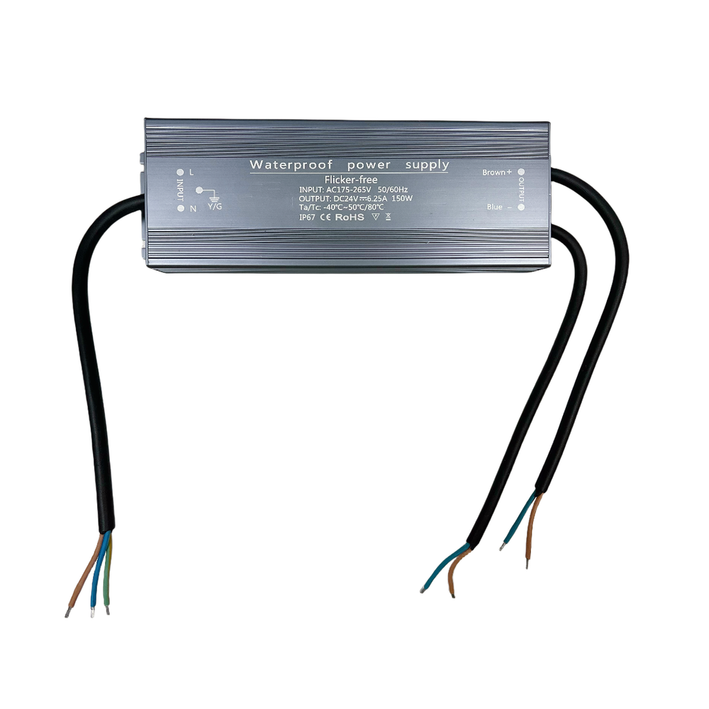 24V DC strømforsyning med 150W effekt, 6,25A, flicker free og IP67-klassificeret