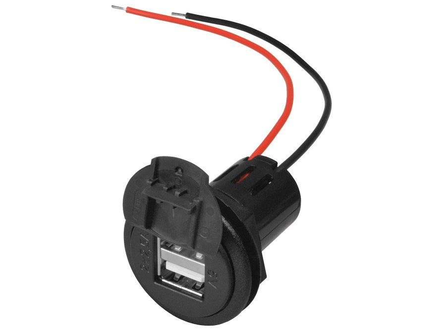 12/24V til 5V USB udtag - 2 x USB A, 5A (rund, m. kappe)