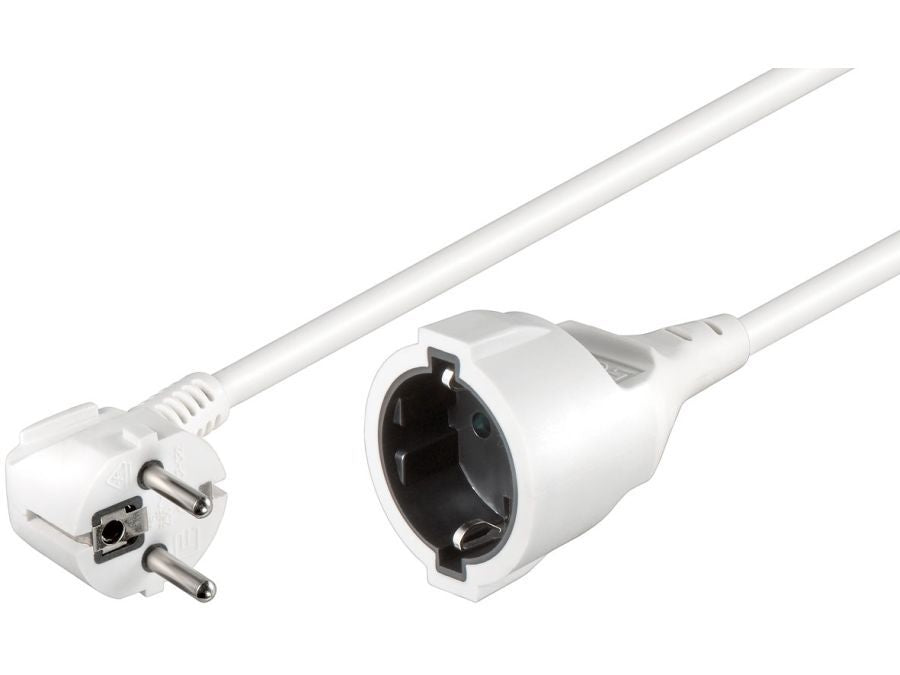 Forlængerledning - CEE7/7 90° han til CEE7/3 hun, Hvid (2m)