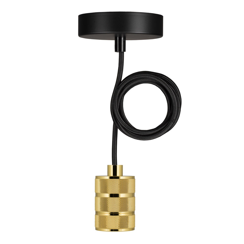 Pendel m. E27 sokkel - RIGA Guld, Sort stofledn. (1,5m)