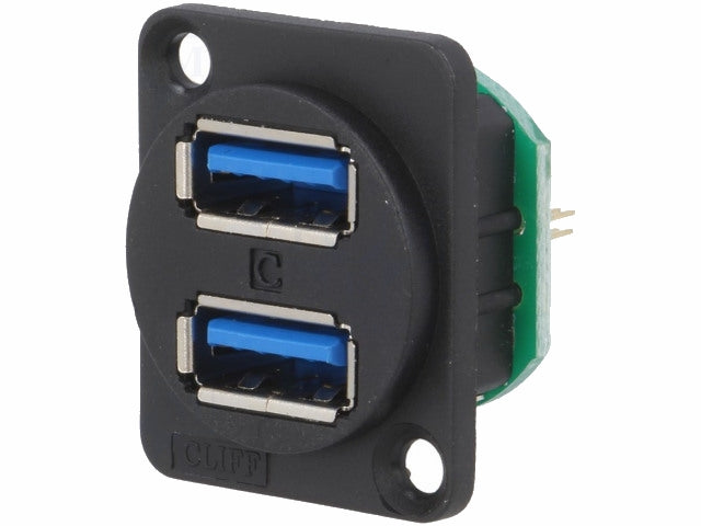 USB 3.0 fatning - 2 x USB A hun, Panelmontage, Sort