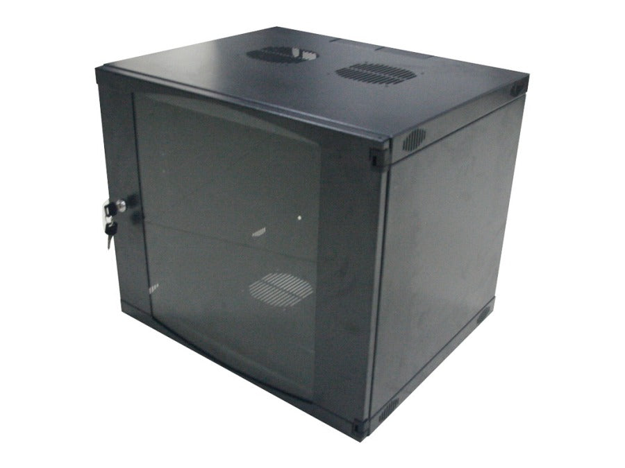 19" væg-rackskab - 9U, 450mm dyb, m. glaslåge, Sort