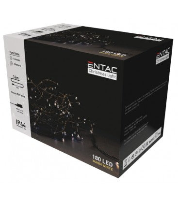 14 meter udendørs LED julelyskæde - IP44, 230V, 180 LED, varm hvid