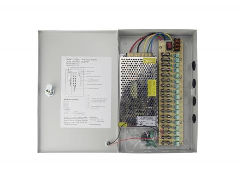 CCTV strømforsyning - 12VDC / 12,5A stabilisert, 18 udgange