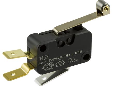 Mikroswitch, lang rulleboltarm - 6A/250V ON-(ON) 6,3mm stik