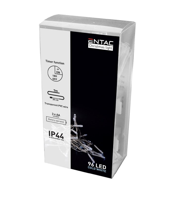 7 meter udendørs LED julelyskæde - Batteri, timer, 96 LED, kold hvid