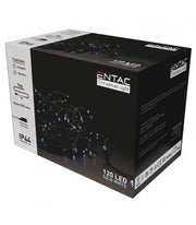 9 meter LED julelyskæde med 120 hvide LED-lys, egnet til udendørs brug med IP44 beskyttelse og tilslutning til 230V strøm.