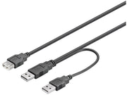 USB 2.0 dual-power kabel - 2 x A han til A hun, Sort (30cm)