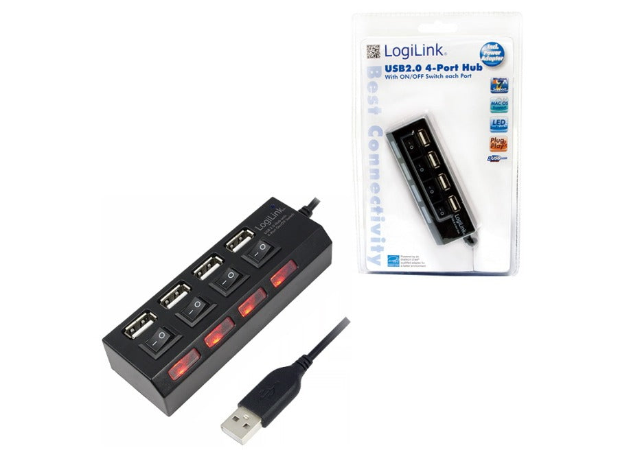 USB 2.0 HUB - 4 porte m. on/off, inkl. 2A strømforsyning