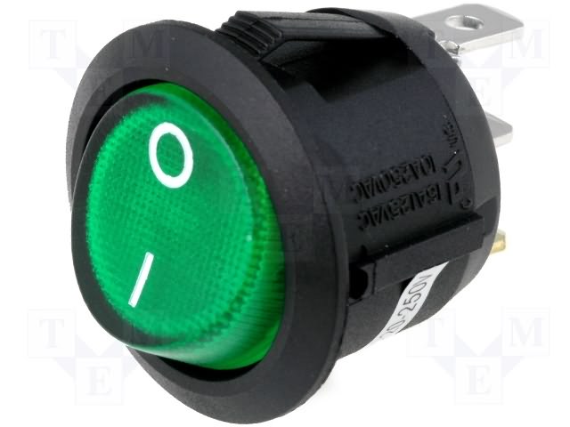 Vippekontakt - 1P OFF-ON, 10A 250V, Grøn lys, IP65 (Ø20,2mm)