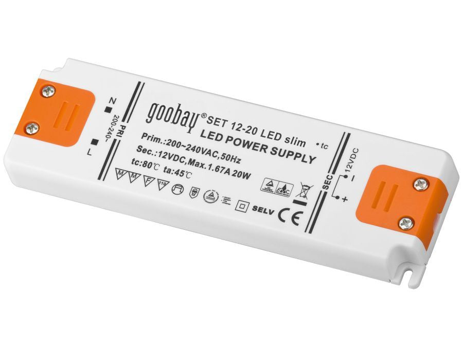 LED strømforsyning - 12Vdc / 20W - IP20, "slimline"