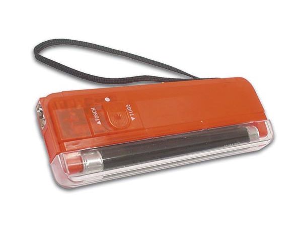 Mini UV sortlyslampe + lommelygte, rød hus