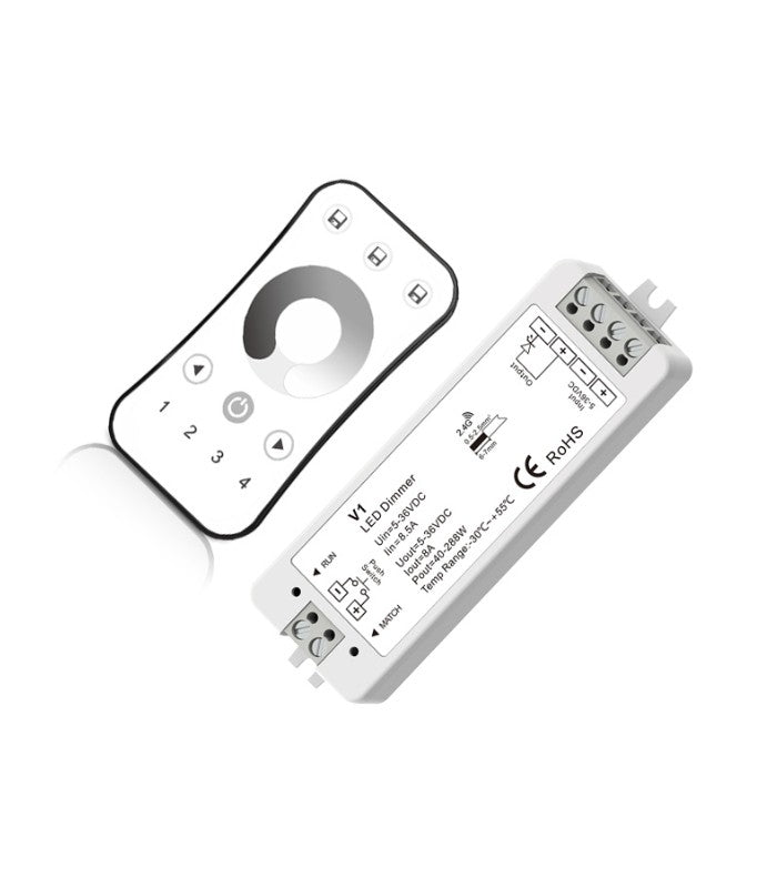 Trådløs dæmper med fjernbetjening og holder - RF trådløs, 12V (96W), 24V (192W)