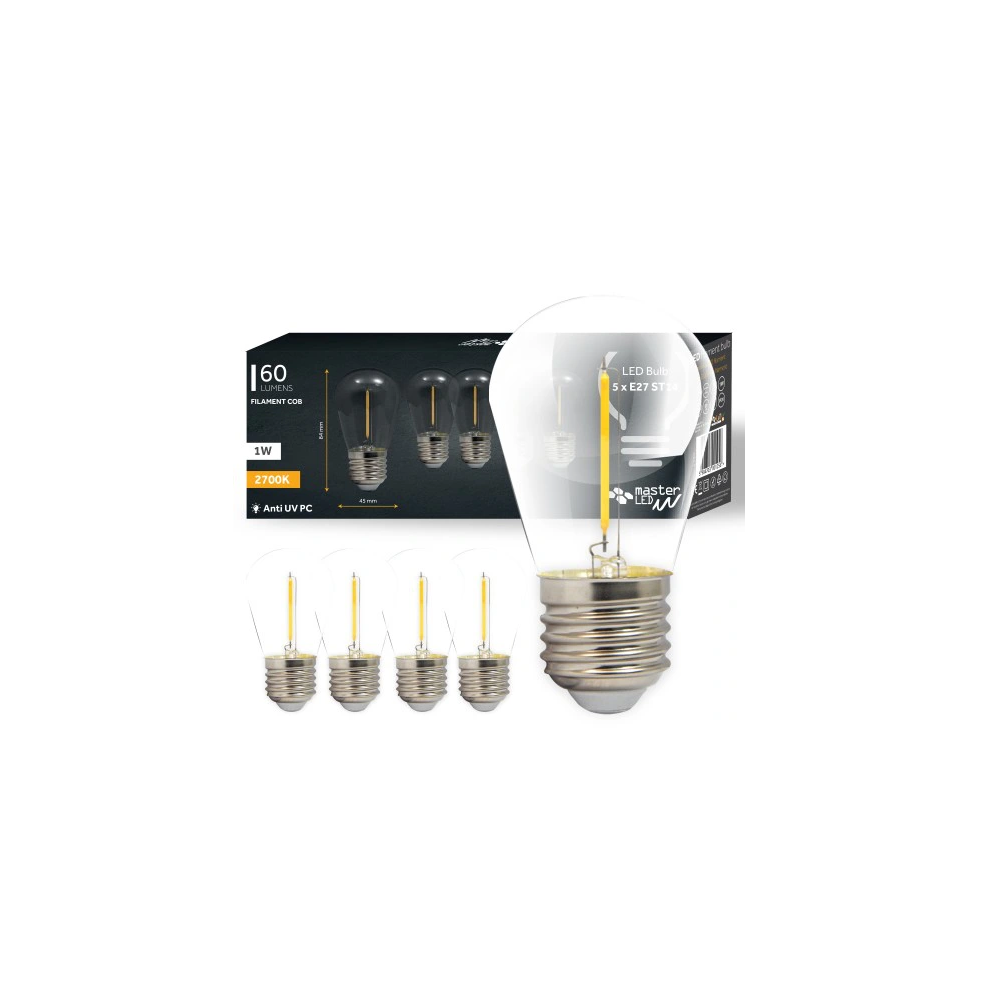 5 stk 1W LED pærer - ST14, COB filament, E27, 230V, 60lm, RA80
