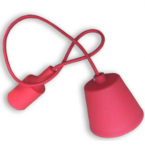 Rød pendel med stofledning og E27 silikonefatning