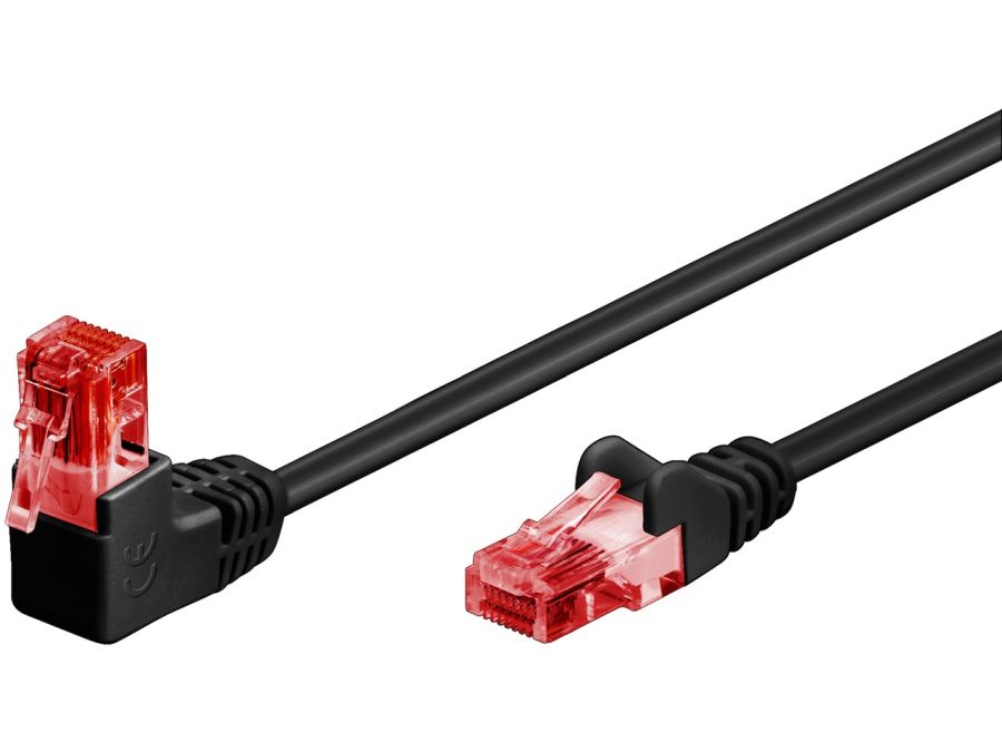 UTP netværkskabel - CAT6, 2xRJ45, 90° vinklet, Sort (10m)