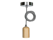 Pendel m. E27 sokkel - TRÆ, sort/hvid stofledn. (1,5m)