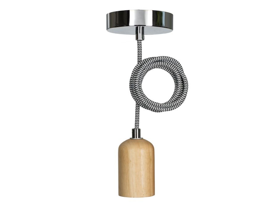 Pendel m. E27 sokkel - TRÆ, sort/hvid stofledn. (1,5m)