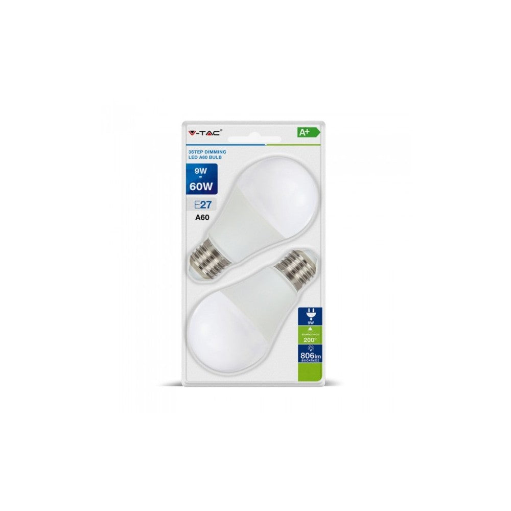 V-Tac 9W LED pære - 3-trin dæmpbar, A60, on/off dæmpbar, E27 (Erstatter 60W, 806lm, RA80)