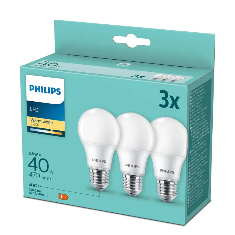 Philips LED 4,9W (40W) E27 2700K 470lm Mat 3-pak