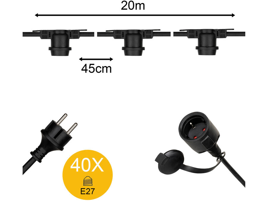 Prof. udendørs lyskæde u. pærer - 40 x E27 sokler (20m)