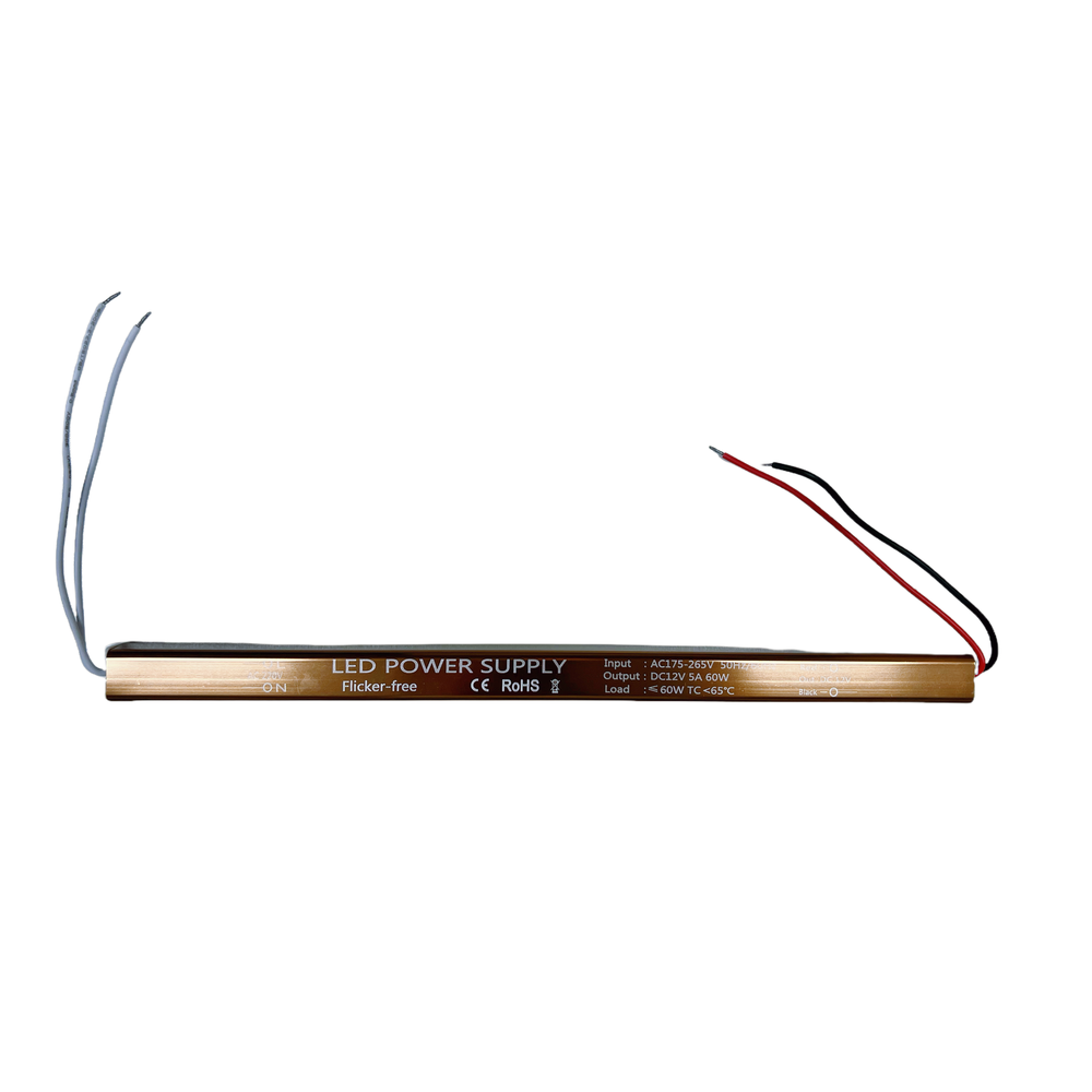 12V DC Strømforsyning - 60W, 5A, Slank model, Flicker Free, IP67 Beskyttet