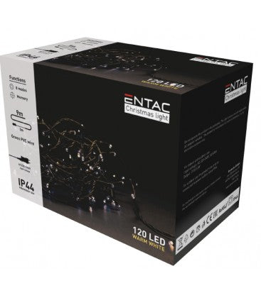 9 meter udendørs LED julelyskæde - IP44, 230V, 120LED, varm hvid