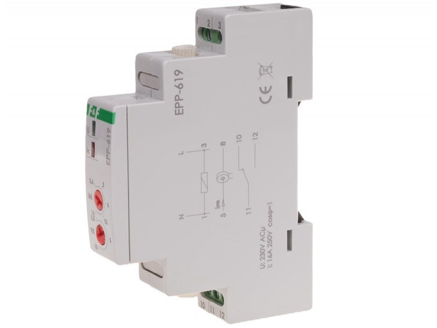 Strøm-overvågningsrelæ - 230Vac, 0,6-16A (0,5-10s forsink.)