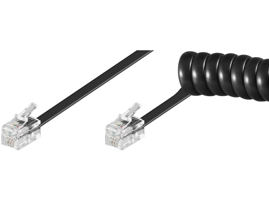 Telefon spiralledning - 2 x RJ10(4P4C) han, Sort (7m)