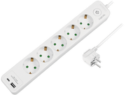 Stikdåse - 5 x CEE7/3 hun, USB-A+C, m. kontakt, Hvid (1,5m)