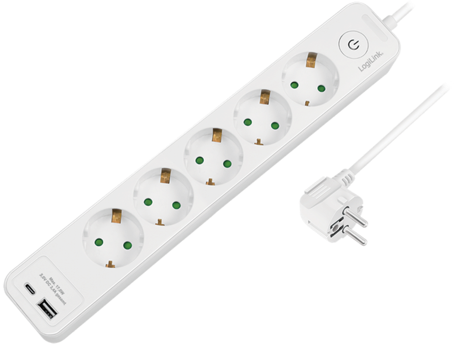 Stikdåse - 5 x CEE7/3 hun, USB-A+C, m. kontakt, Hvid (1,5m)