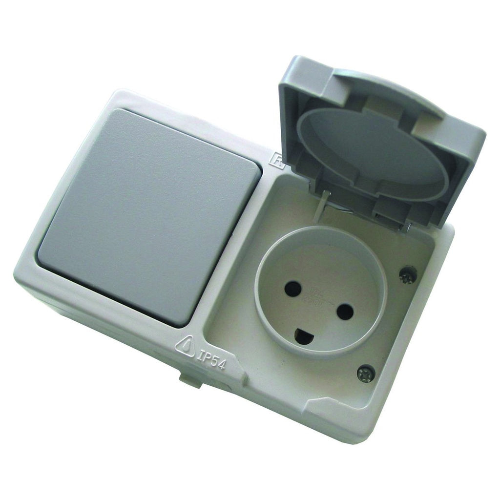 Afbryder/stikkontakt kombi IP54 vandret grå