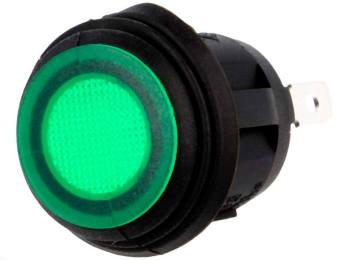 Vippekontakt - 1P OFF-ON, 10A 250V, Grøn lys, IP65 (Ø20,2mm)