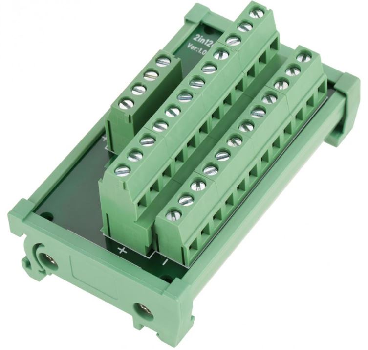 DIN-skinne strømfordeler klemrække - 2 ind > 12 ud (48V/12A)