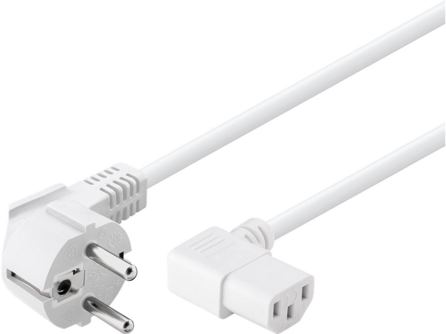 Strømkabel - CEE7/7 90° han > C13 90° hun, Hvid (2m)