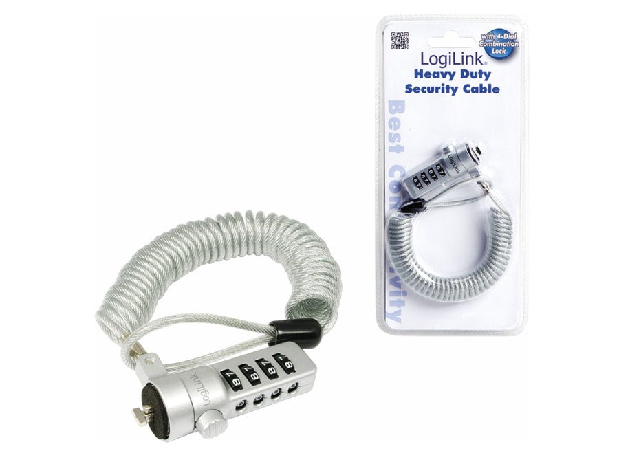 Notebook sikkerhedswire m. kodelås - Grå, spiral (1,8m)
