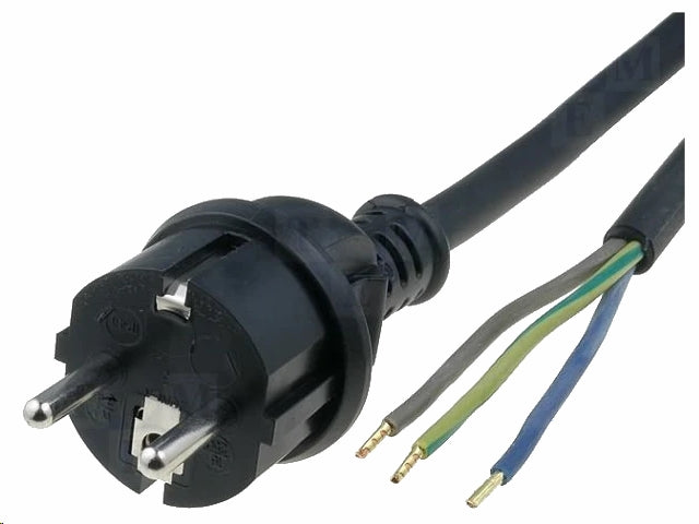 Strømkabel - CEE7/7 til løs ende, 3x1,5mm², Sort gummi (10m)