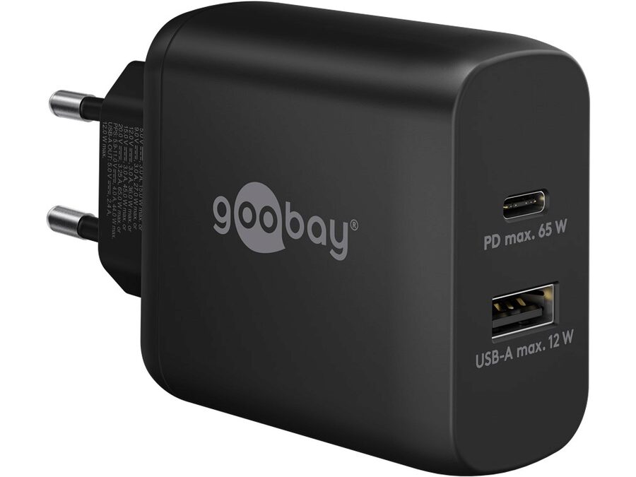 USB-C/A lynlader PD GaN (C65W) + (A12W), Sort