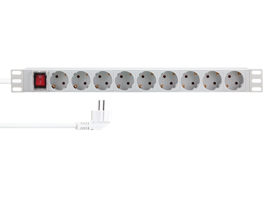 19" El-rackpanel - 9 x CEE7/3 hun, ON/OFF kontakt, Grå (2m)