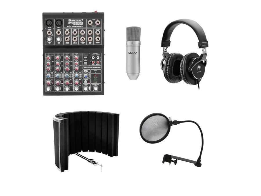 Podcast sæt m. mixer, hovedtelefon, mikrofon og støjfiltre
