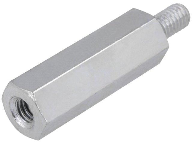 Afstandsmøtrik - 15mm stål, hun til han, M4 gevind