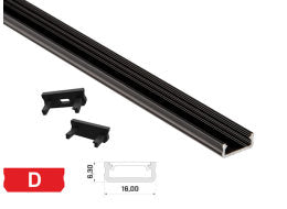Alu. LED profil - Type D, Anodiseret sort (1m)